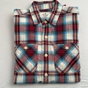 American Eagle Seriously Soft multicolor plaid dual pocket button down shirt